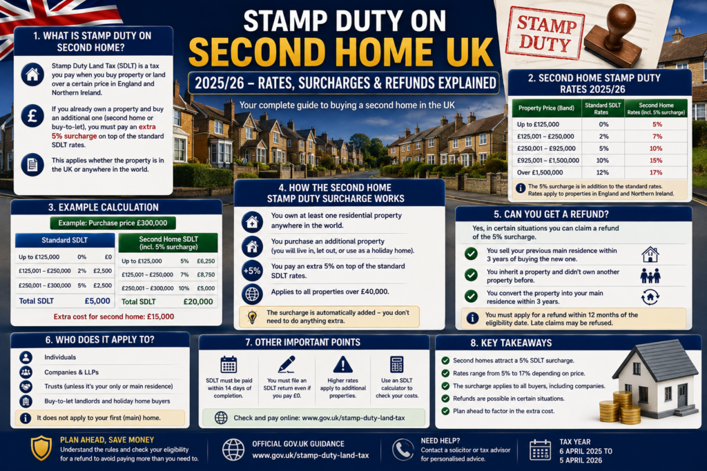 Stamp Duty on Second Home UK rates, refunds, and SDLT calculation guide 2026