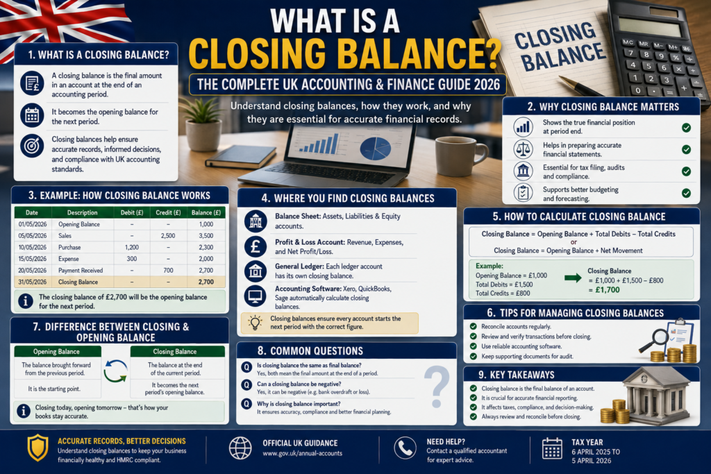 Closing Balance formula and accounting example in UK bookkeeping
