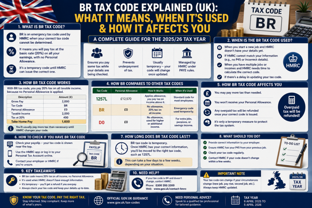 BR Tax Code explained on a UK payslip showing basic rate tax with no Personal Allowance