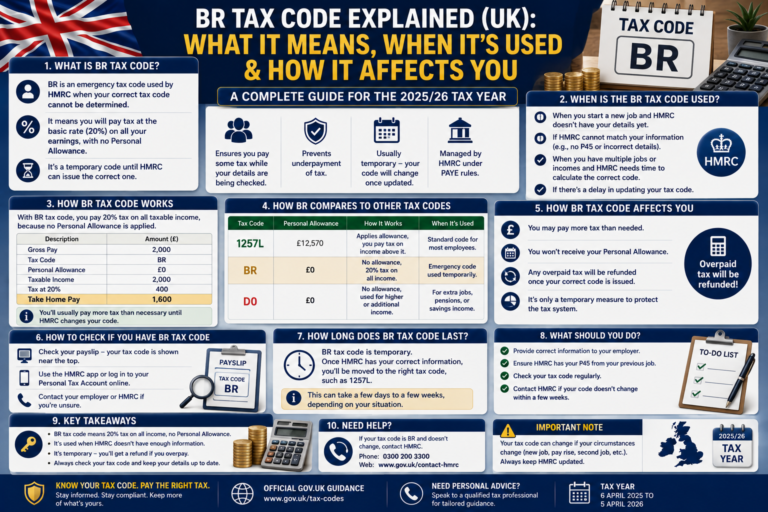 BR Tax Code explained on a UK payslip showing basic rate tax with no Personal Allowance